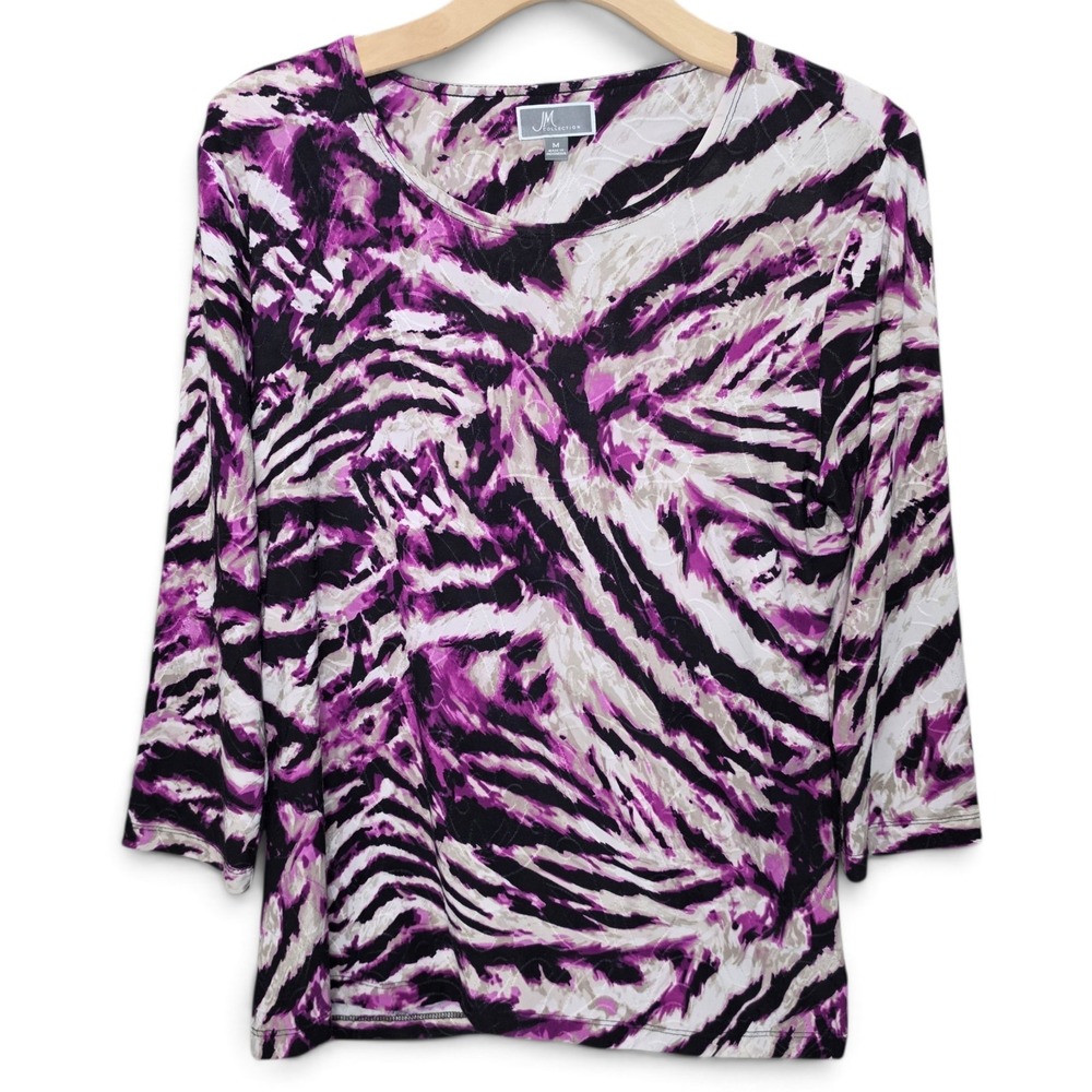 JM Collection Top Womens Medium Purple Textured Animal Print Scoop 3/4 Sleeve